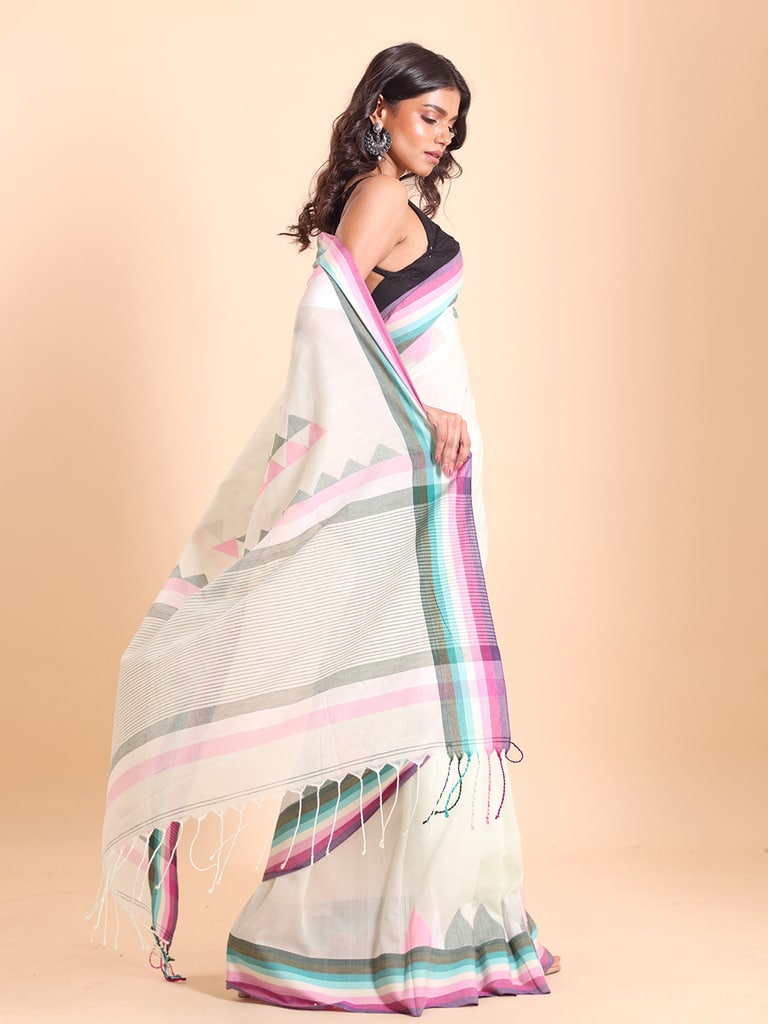 Handloom Ramdhanu Temple Par Jamdani Saree - Summer White - Thumbnail 3