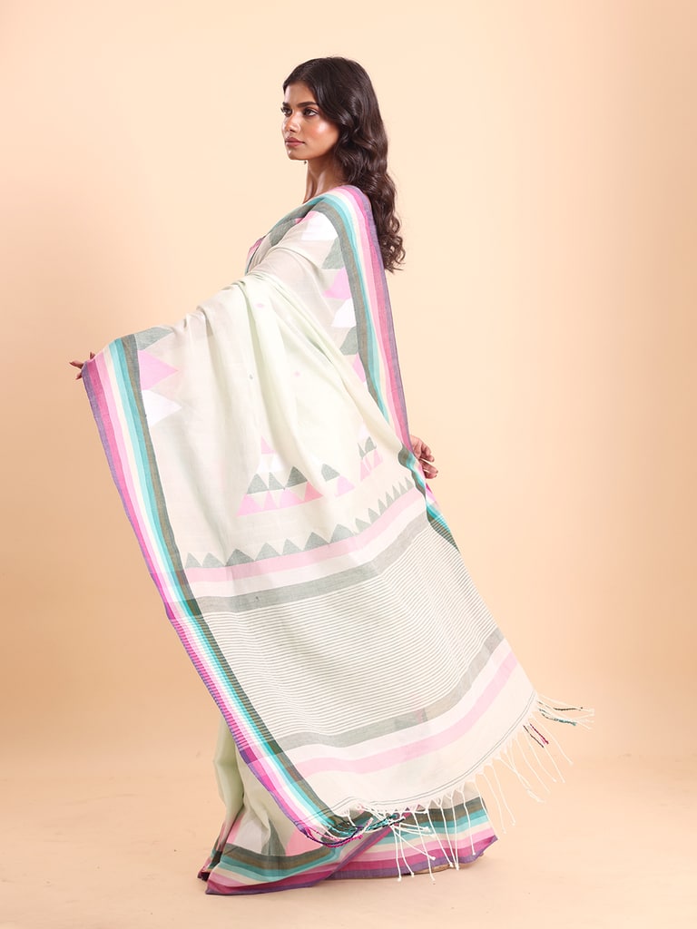 Handloom Ramdhanu Temple Par Jamdani Saree - Summer White - Thumbnail 4