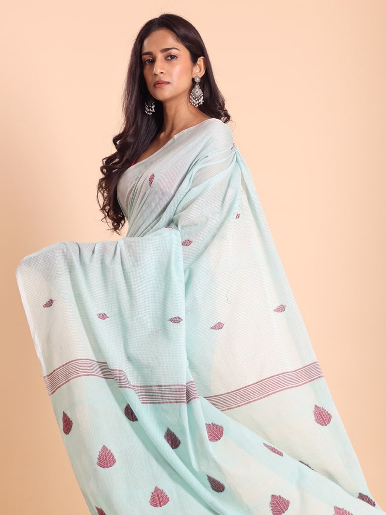 Handloom Cotton Kota Jamdani Saree - Aqua - Thumbnail 2