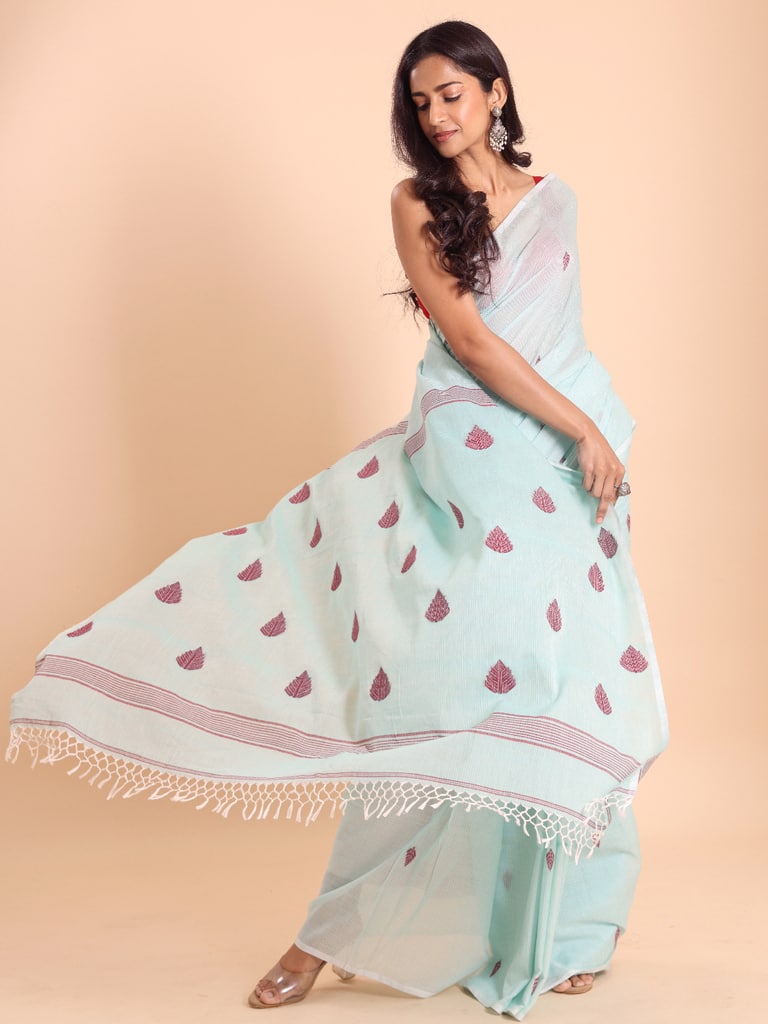 Handloom Cotton Kota Jamdani Saree - Aqua - Thumbnail 3