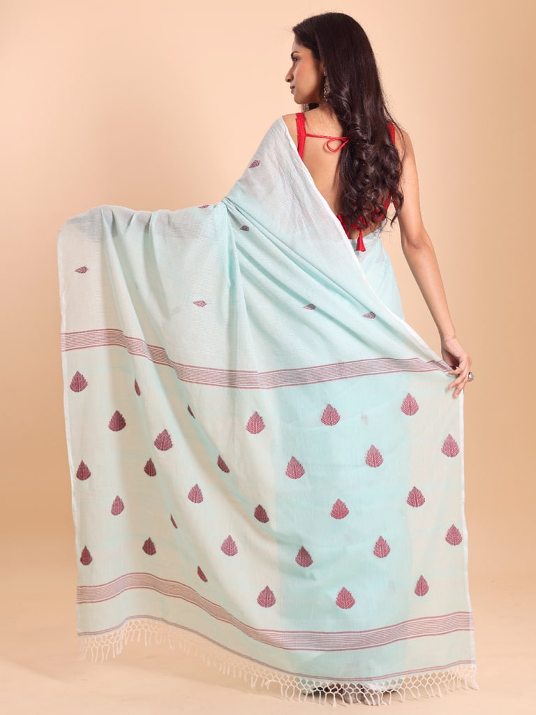 Handloom Cotton Kota Jamdani Saree - Aqua - Thumbnail 4