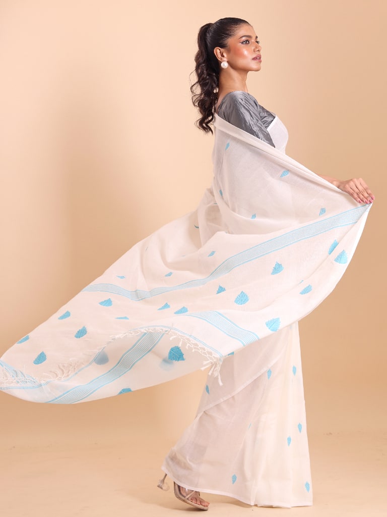 Handloom Cotton Kota Jamdani Saree - White - View 1