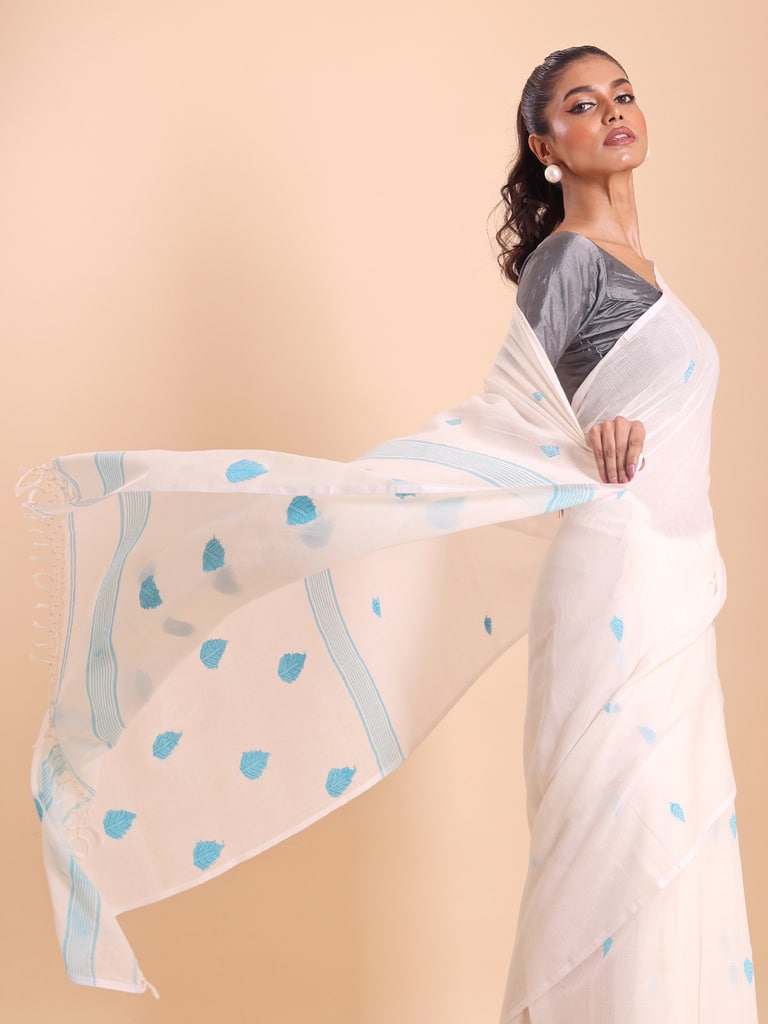 Handloom Cotton Kota Jamdani Saree - White - View 2
