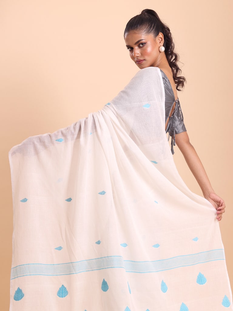 Handloom Cotton Kota Jamdani Saree - White - View 3