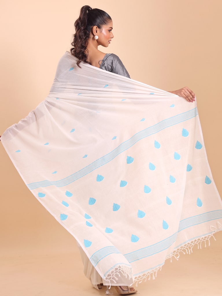 Handloom Cotton Kota Jamdani Saree - White - View 4