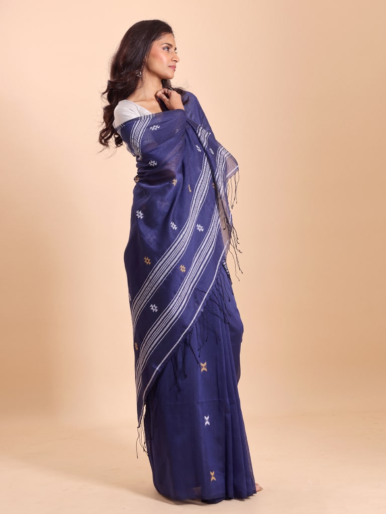 Handloom New Charpati Jamdani Saree - Indigo - View 1