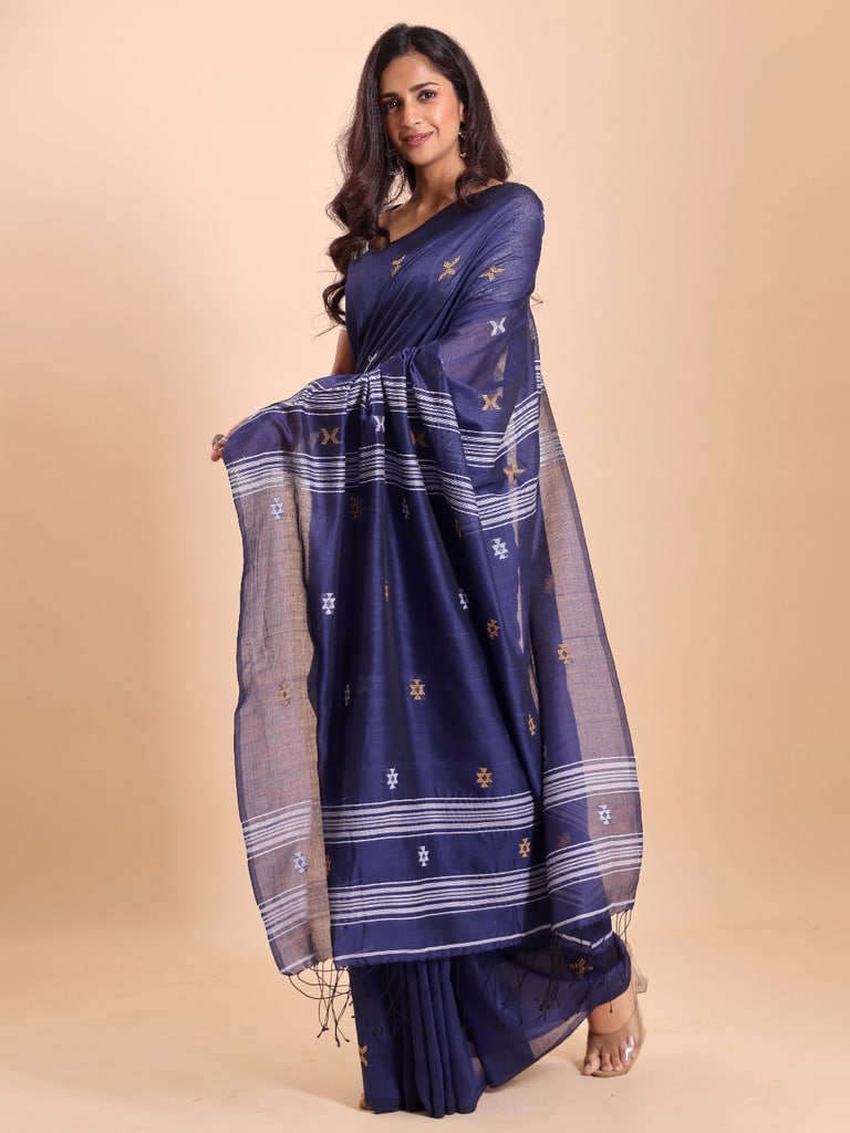 Handloom New Charpati Jamdani Saree - Indigo - View 2