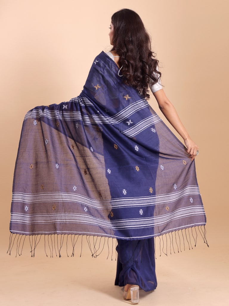 Handloom New Charpati Jamdani Saree - Indigo - View 4