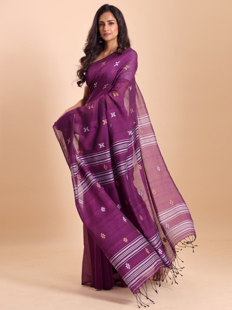 Handloom New Charpati Jamdani Saree - Purple Orcid - View 1