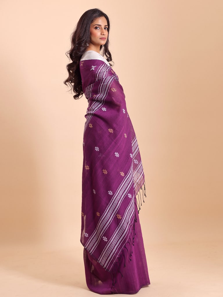 Handloom New Charpati Jamdani Saree - Purple Orcid - View 3