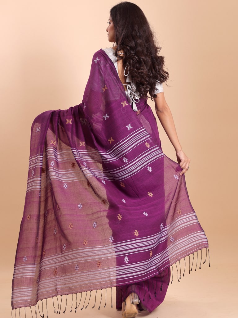 Handloom New Charpati Jamdani Saree - Purple Orcid - View 4