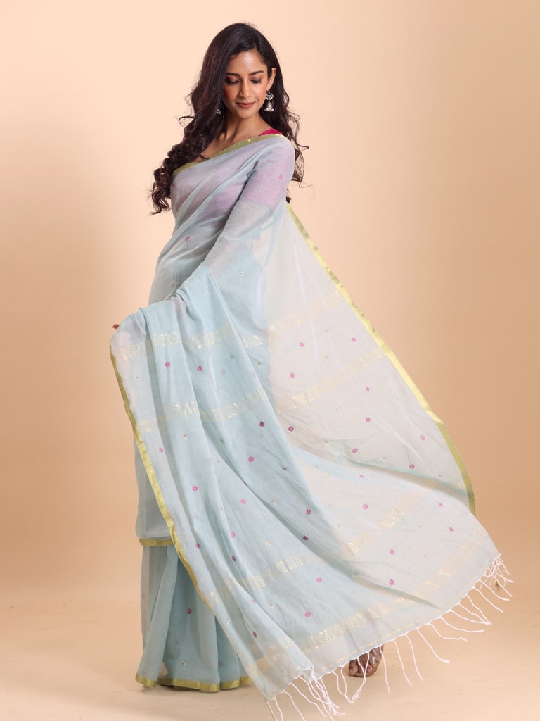 Handloom Mina Buti Jamdani Saree - Aqua - Thumbnail 2