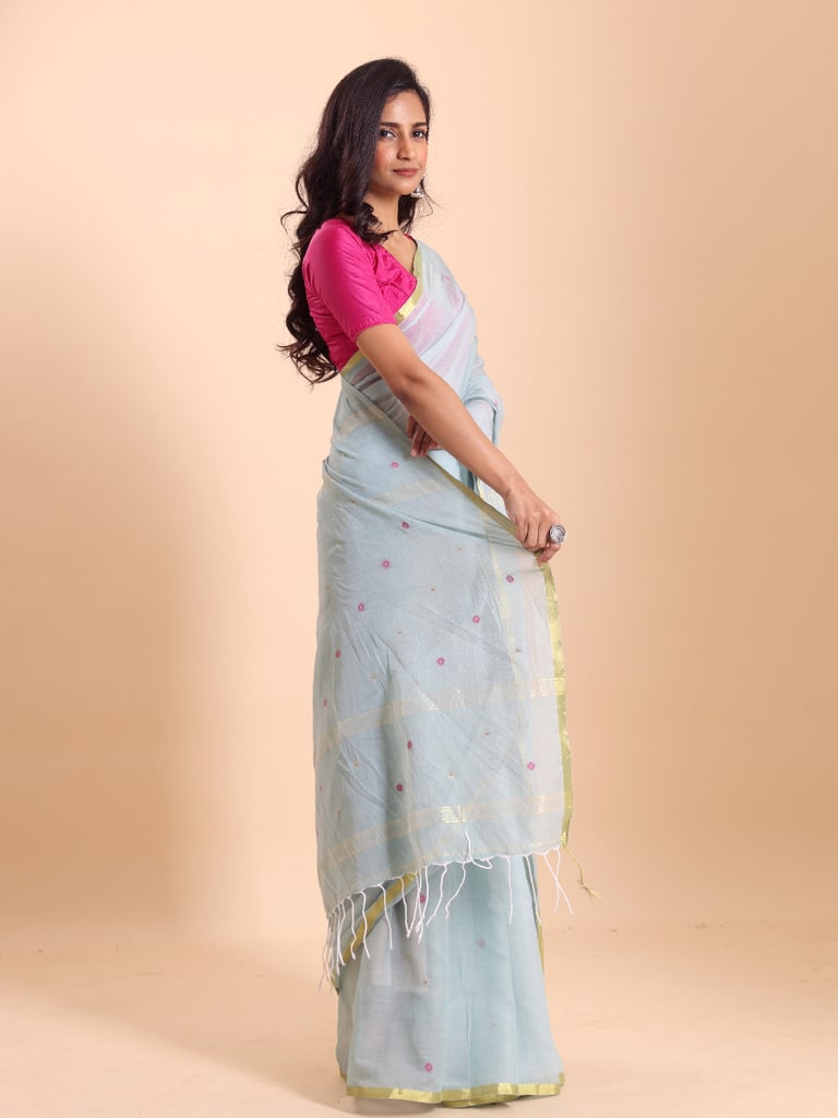 Handloom Mina Buti Jamdani Saree - Aqua - Thumbnail 3