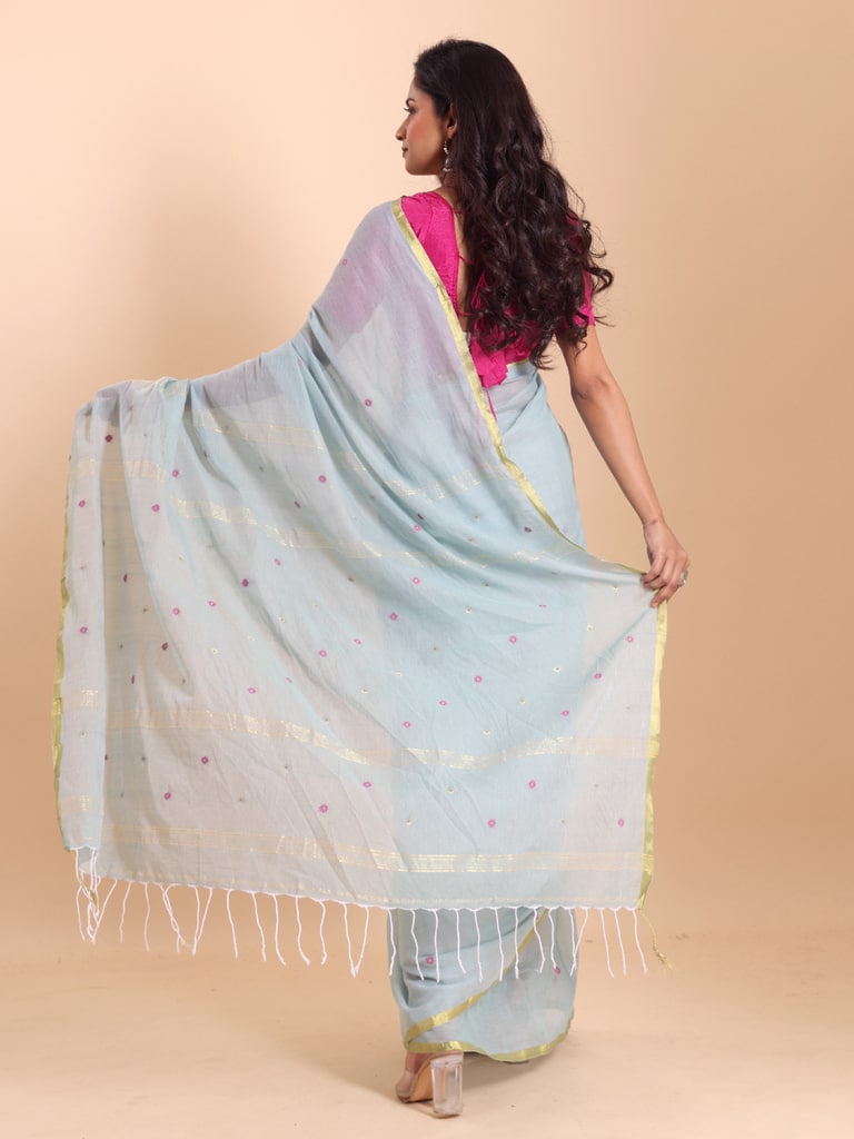 Handloom Mina Buti Jamdani Saree - Aqua - Thumbnail 4