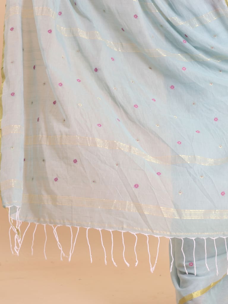 Handloom Mina Buti Jamdani Saree - Aqua - Thumbnail 5