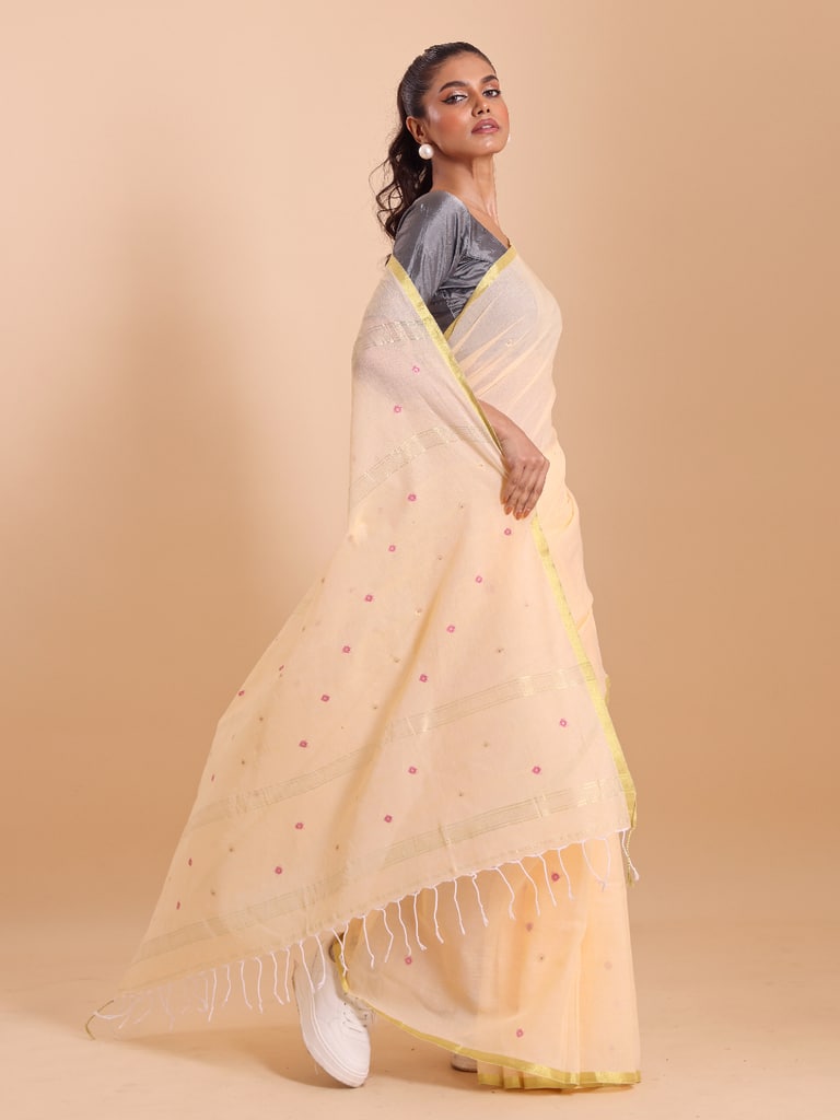 Handloom Mina Buti Jamdani Saree - Butter Yellow - Thumbnail 2