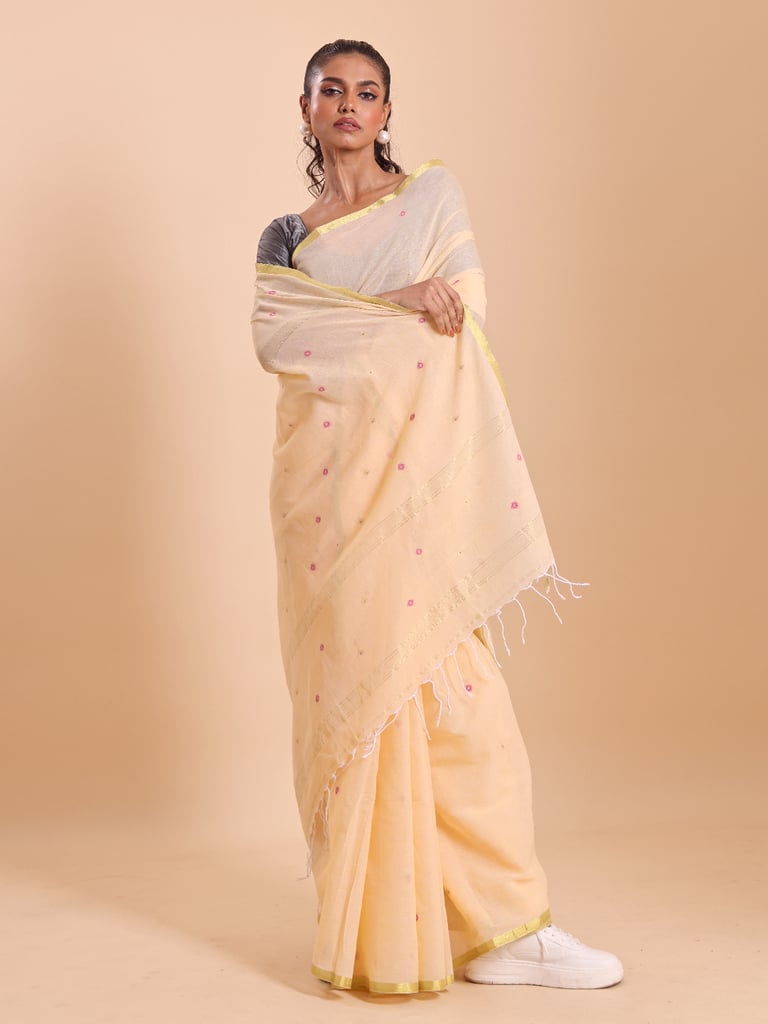 Handloom Mina Buti Jamdani Saree - Butter Yellow - Thumbnail 3