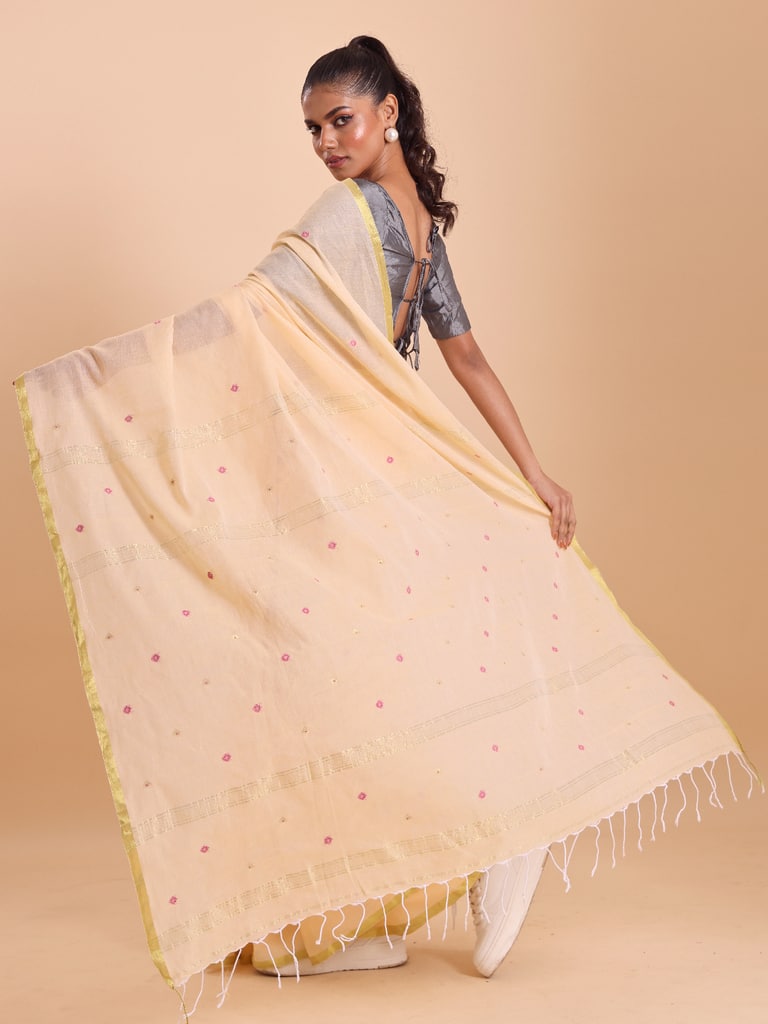 Handloom Mina Buti Jamdani Saree - Butter Yellow - Thumbnail 4