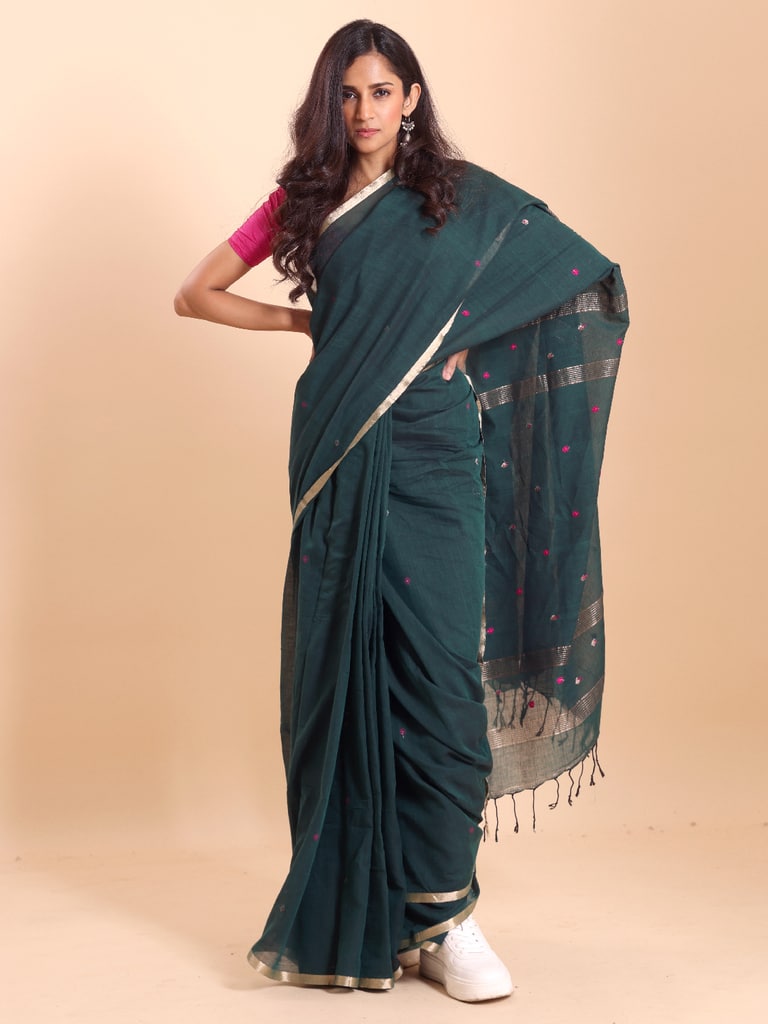 Handloom Mina Buti Jamdani Saree - Colonial Blue - Thumbnail 3