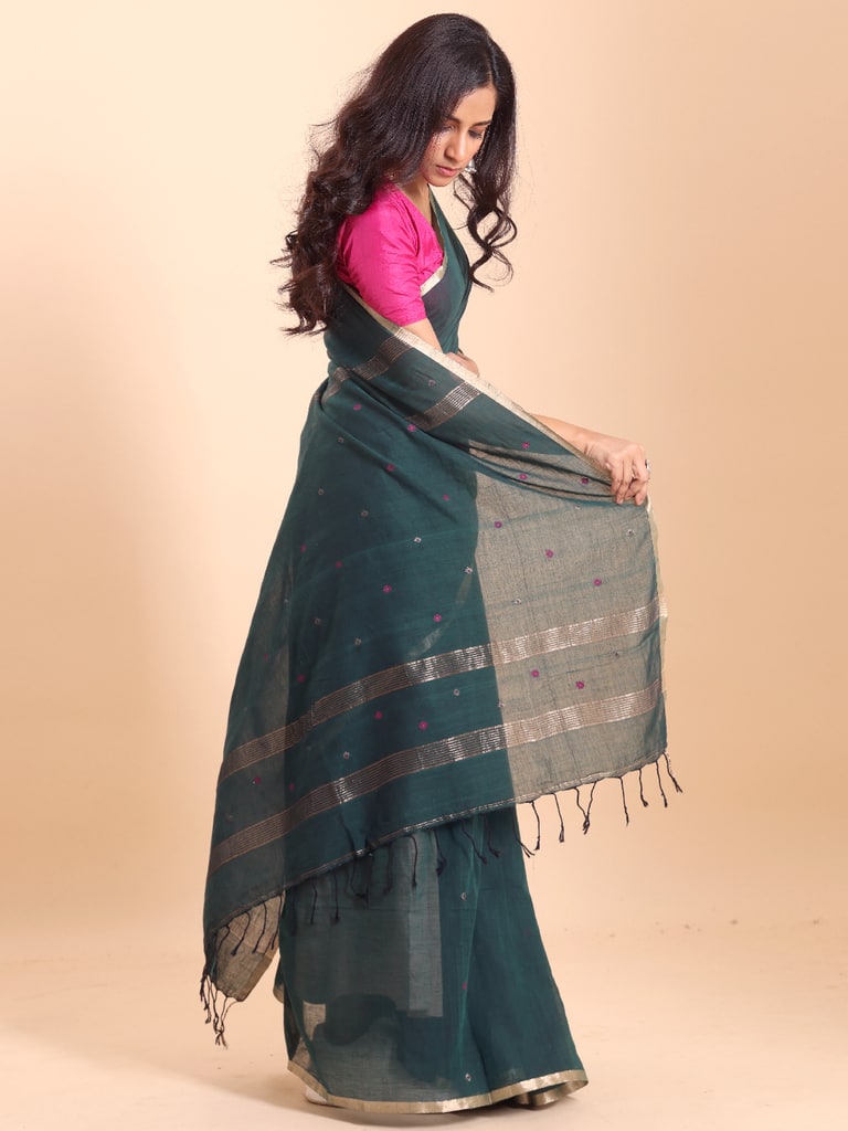 Handloom Mina Buti Jamdani Saree - Colonial Blue - Thumbnail 4