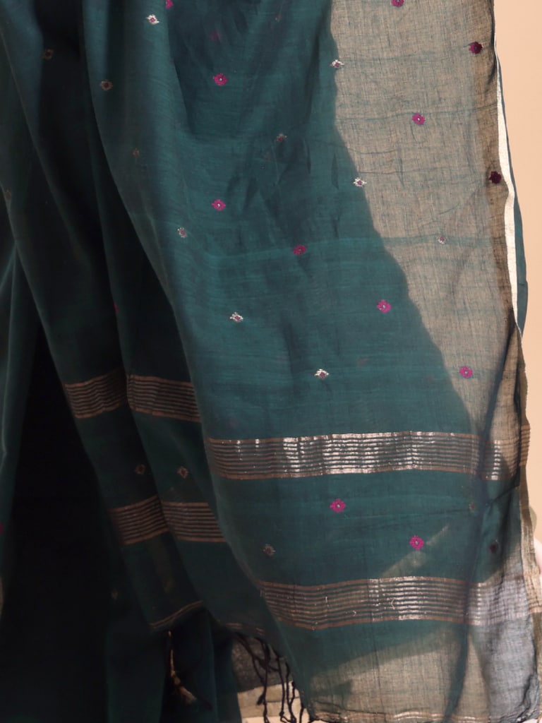 Handloom Mina Buti Jamdani Saree - Colonial Blue - Thumbnail 5