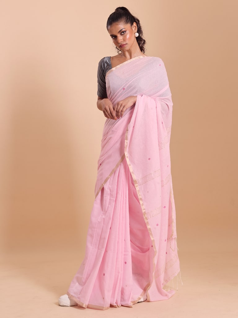 Handloom Mina Buti Jamdani Saree - Crystal Rose
