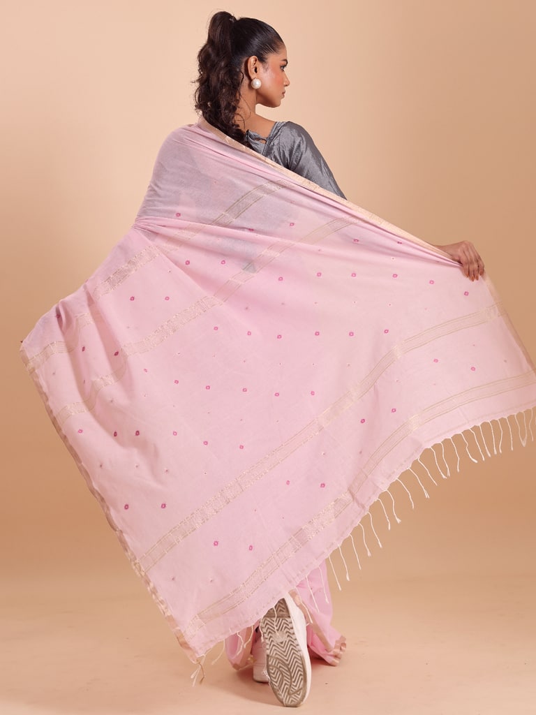 Handloom Mina Buti Jamdani Saree - Crystal Rose - Thumbnail 3