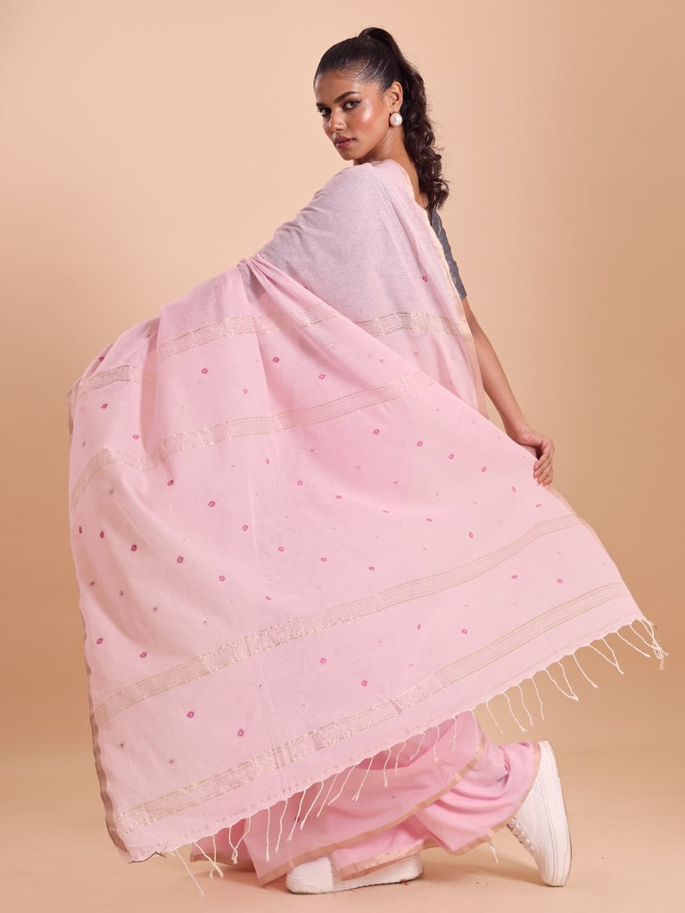 Handloom Mina Buti Jamdani Saree - Crystal Rose - Thumbnail 4