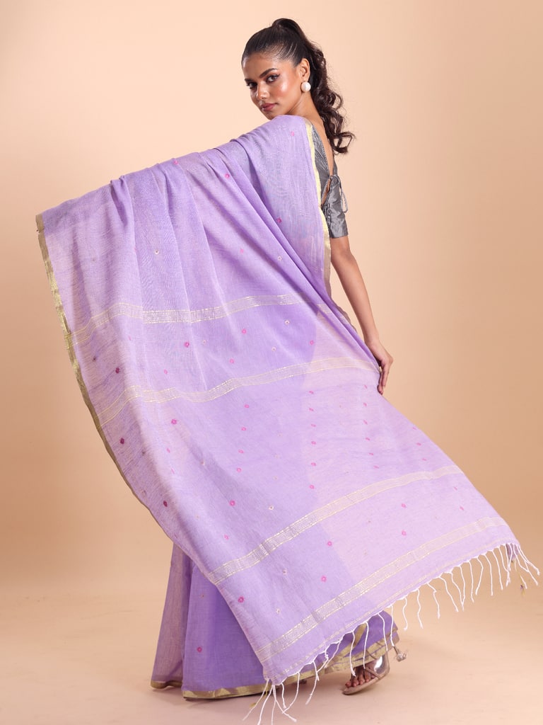 Handloom Mina Buti Jamdani Saree - Mauve - Thumbnail 3