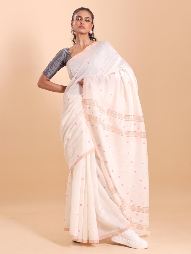 Handloom Mina Buti Jamdani Saree - Off White