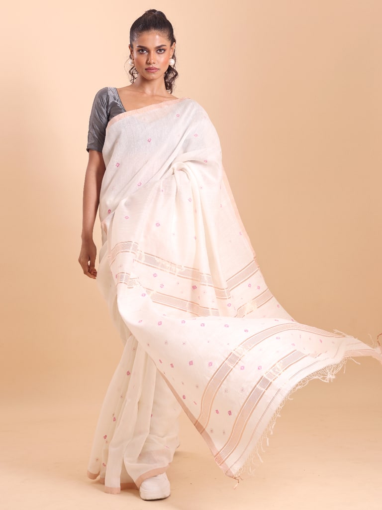 Handloom Mina Buti Jamdani Saree - Off White - Thumbnail 2