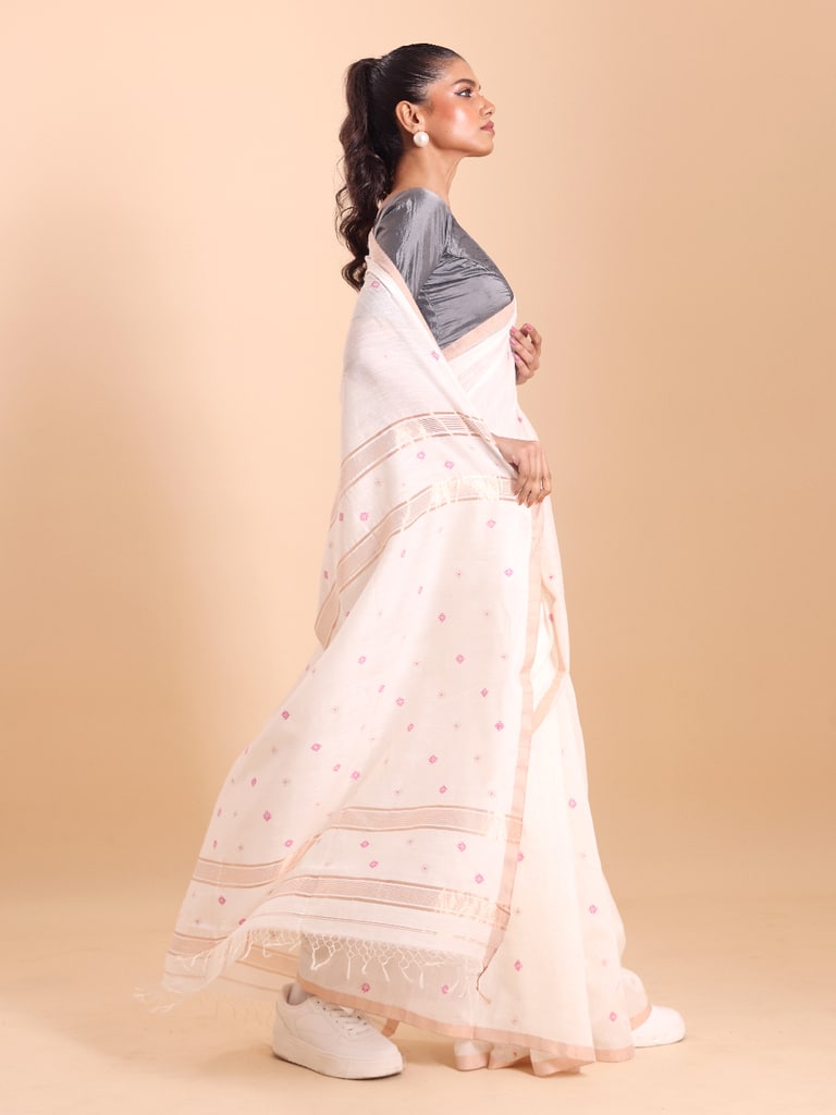 Handloom Mina Buti Jamdani Saree - Off White - Thumbnail 3