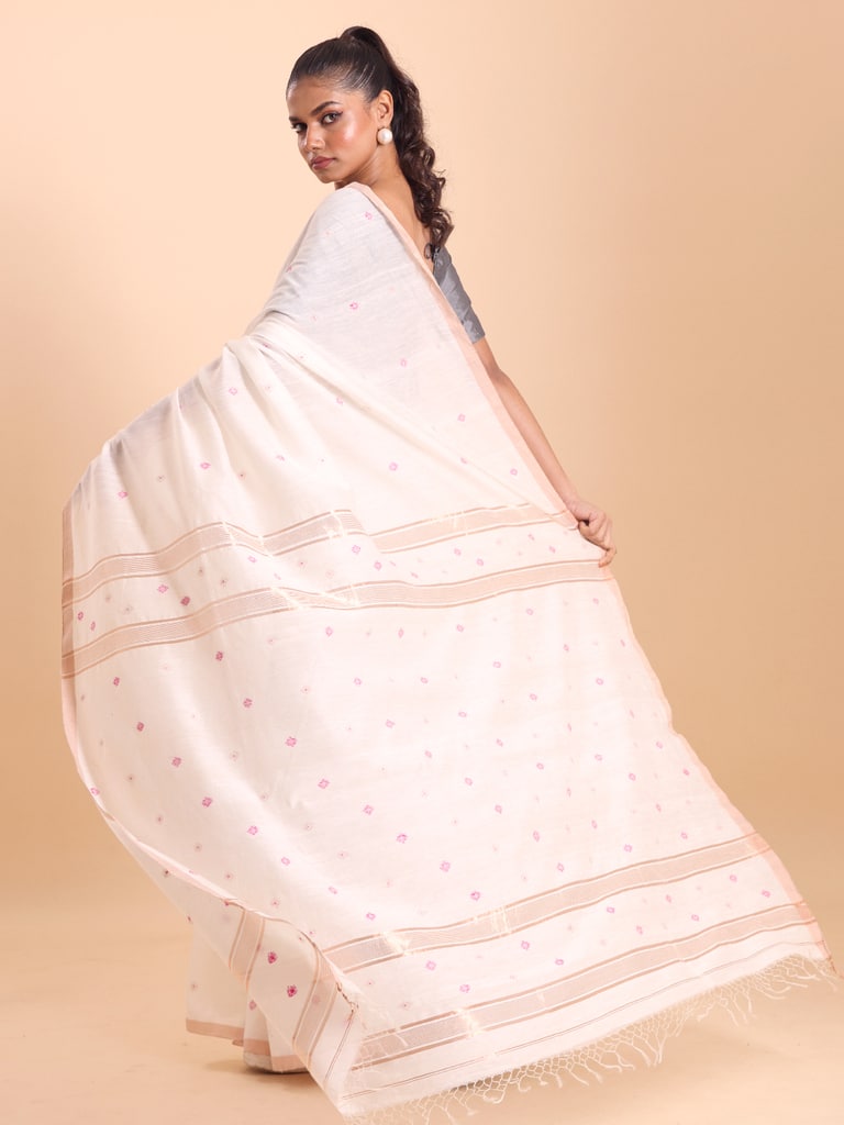 Handloom Mina Buti Jamdani Saree - Off White - Thumbnail 4