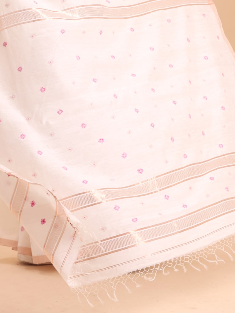 Handloom Mina Buti Jamdani Saree - Off White - Thumbnail 5