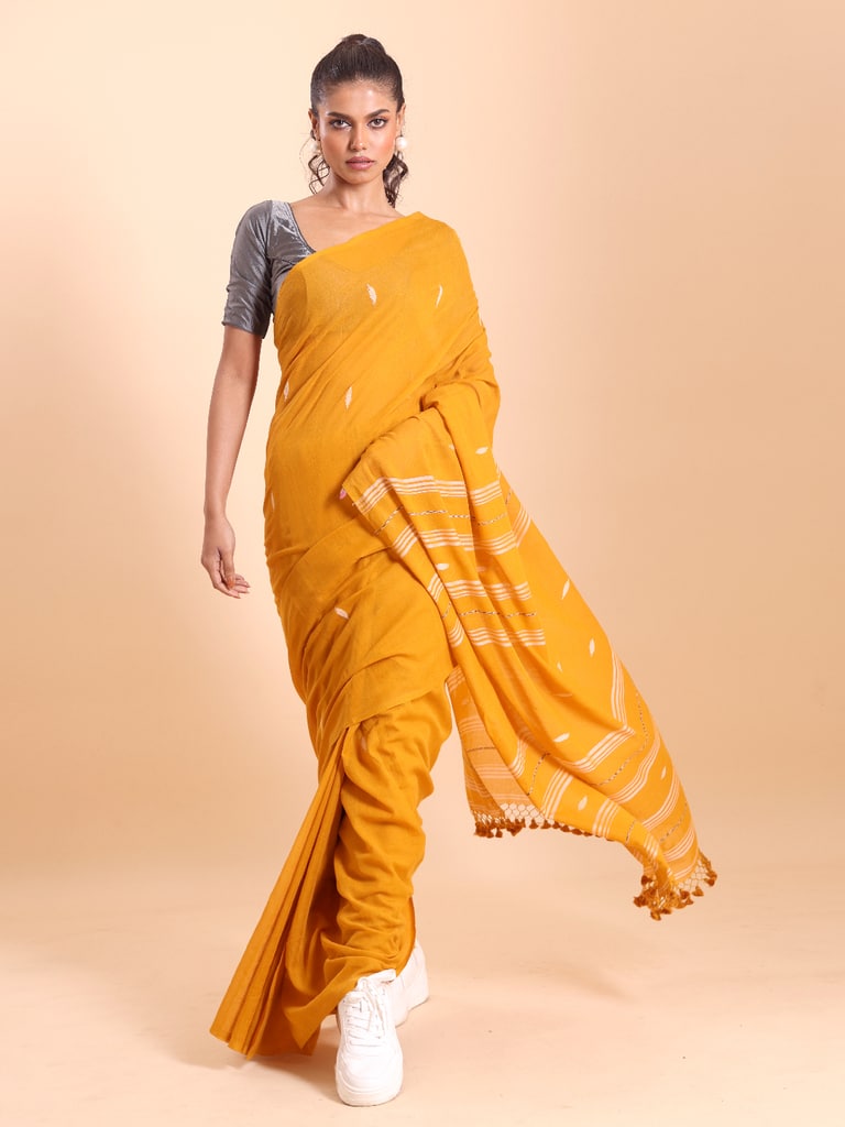 Handloom Malmal Buti Jamdani Saree - Mustard