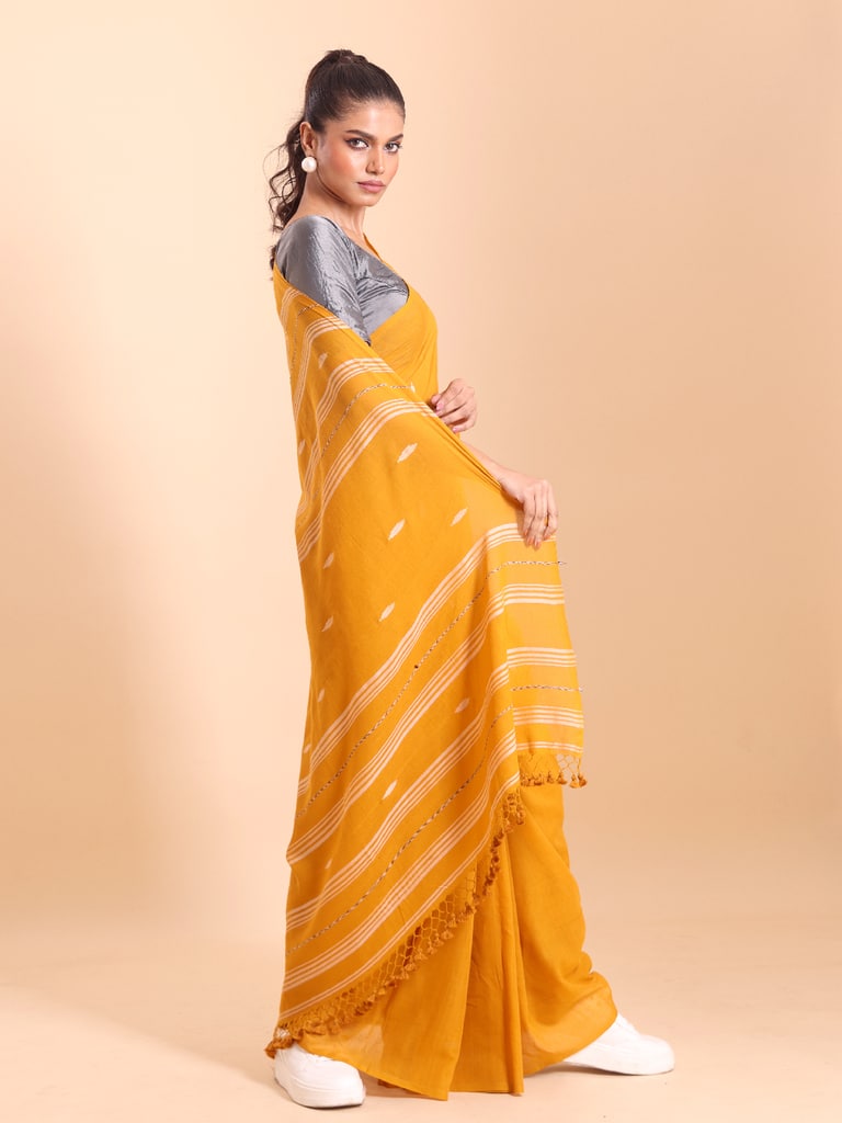 Handloom Malmal Buti Jamdani Saree - Mustard - Thumbnail 2
