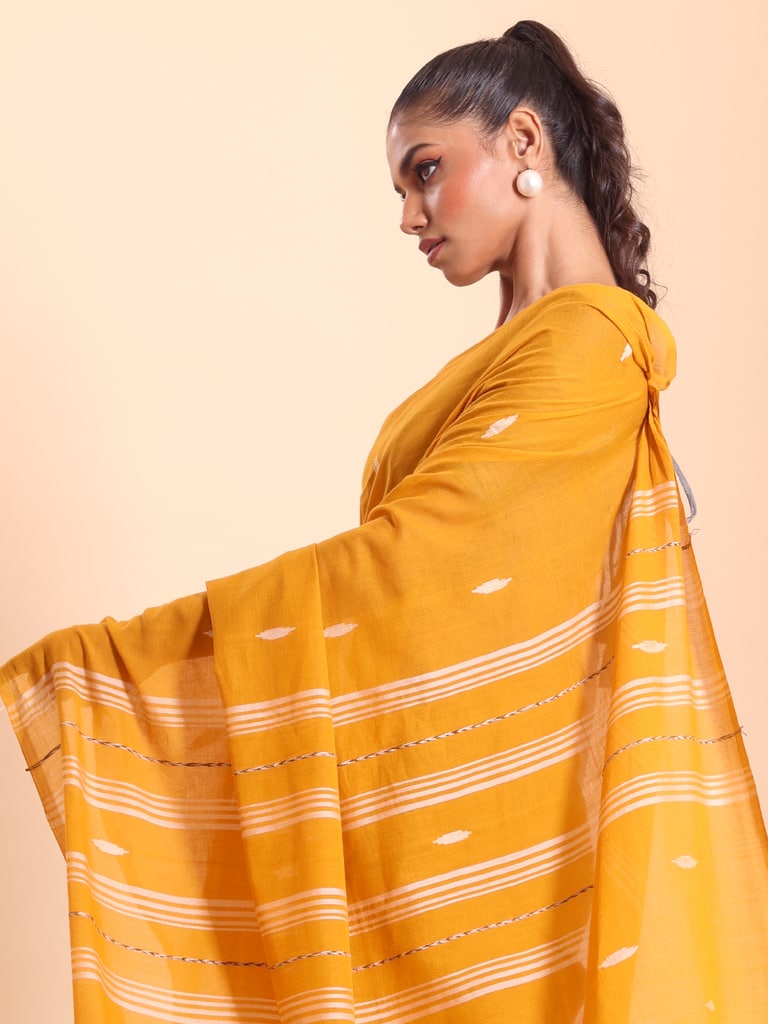 Handloom Malmal Buti Jamdani Saree - Mustard - Thumbnail 3