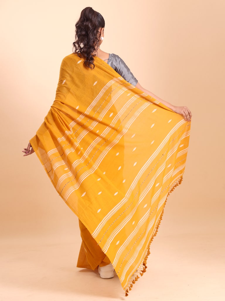 Handloom Malmal Buti Jamdani Saree - Mustard - Thumbnail 4
