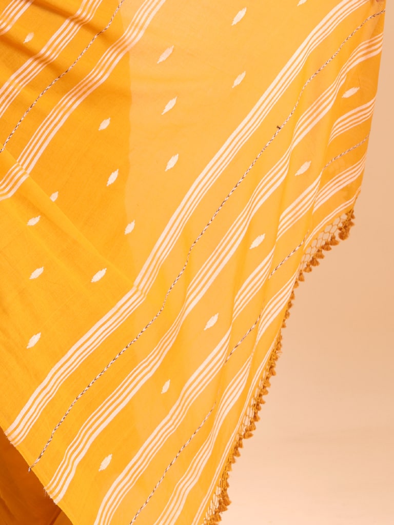 Handloom Malmal Buti Jamdani Saree - Mustard - Thumbnail 5