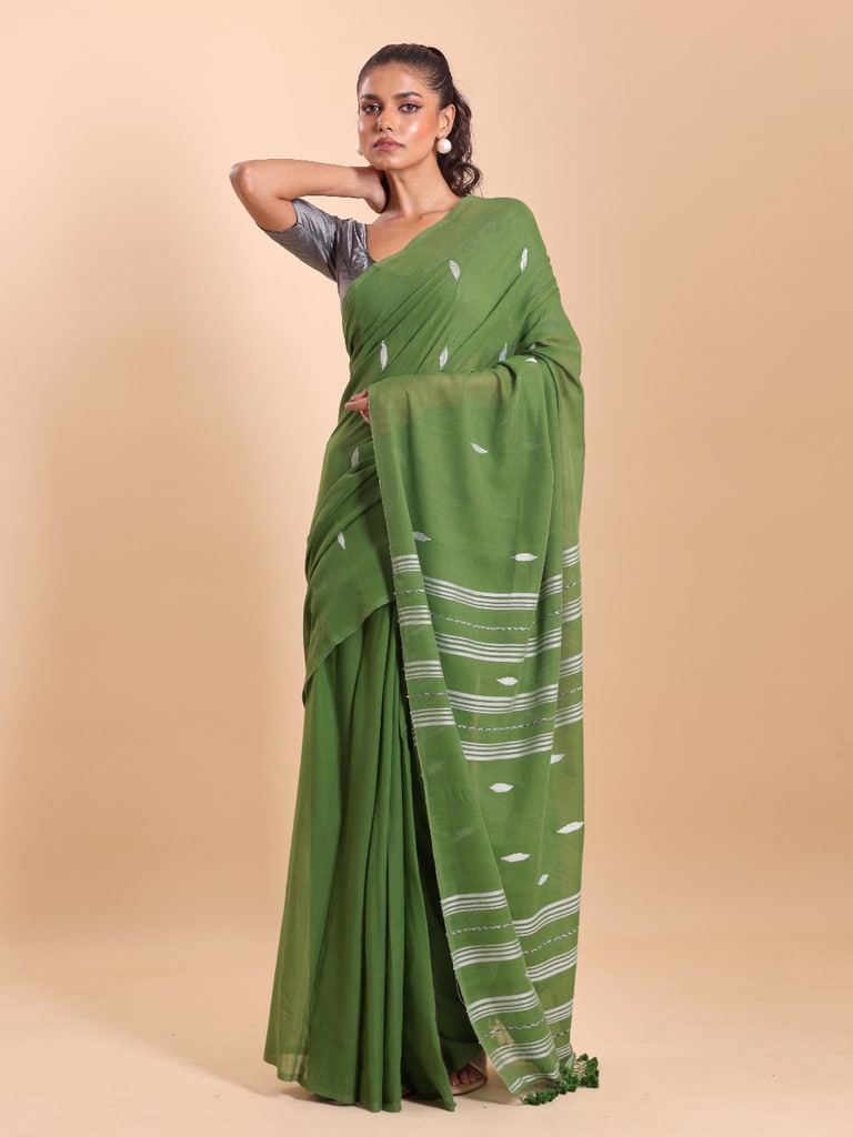 Handloom Malmal Buti Jamdani Saree - Olive - View 1