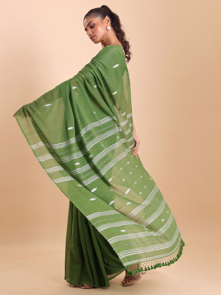 Handloom Malmal Buti Jamdani Saree - Olive - Thumbnail 3