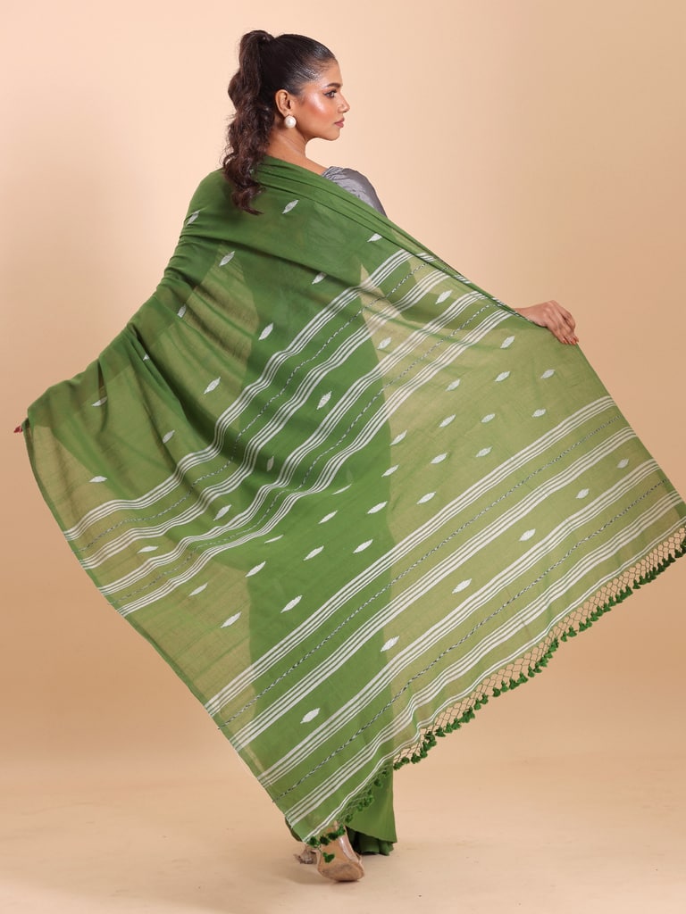 Handloom Malmal Buti Jamdani Saree - Olive - Thumbnail 4