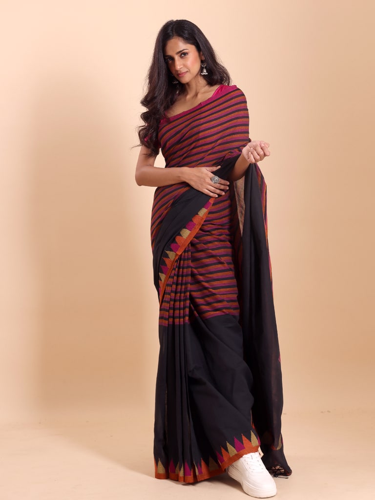 Handloom One Side Temple Jamdani Saree - Black - View 1