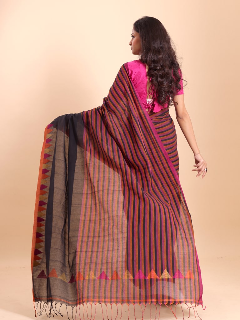 Handloom One Side Temple Jamdani Saree - Black - Thumbnail 4