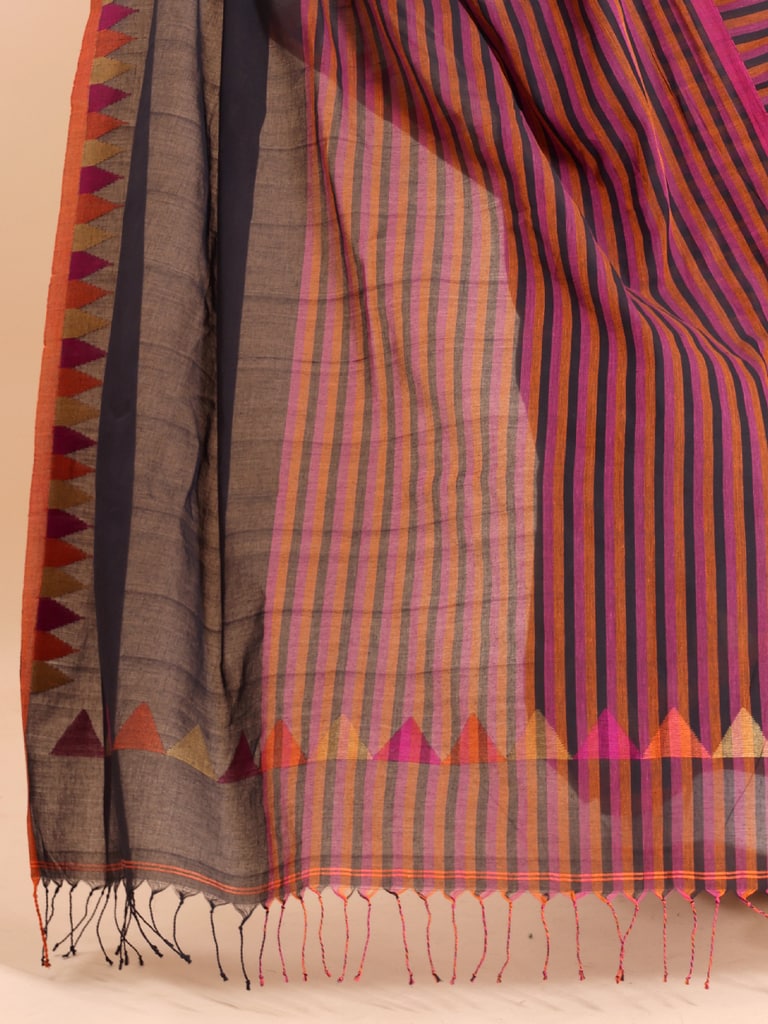 Handloom One Side Temple Jamdani Saree - Black - Thumbnail 5