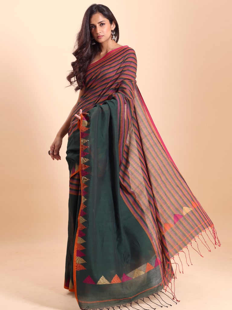 Handloom One Side Temple Jamdani Saree - Bottle Green - View 1