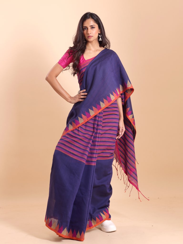 Handloom One Side Temple Jamdani Saree - Petunia - View 1