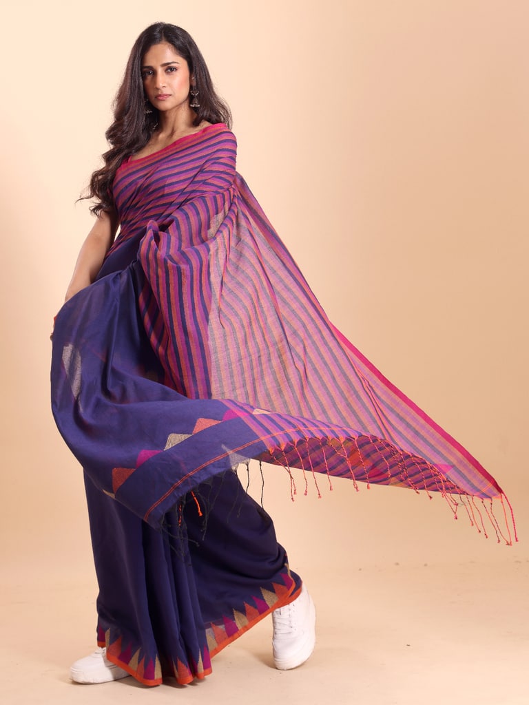 Handloom One Side Temple Jamdani Saree - Petunia - View 2