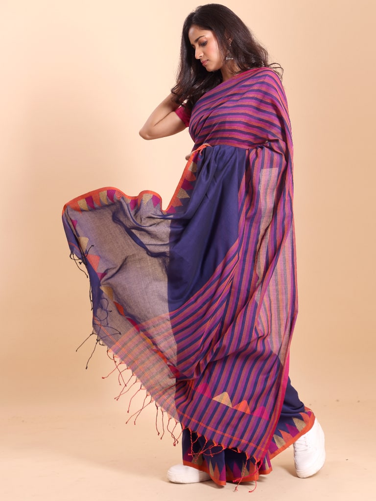 Handloom One Side Temple Jamdani Saree - Petunia - View 3