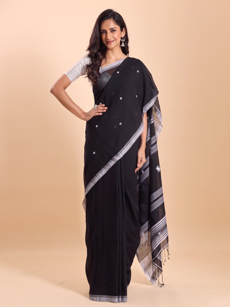 Handloom New Charpati Jamdani Saree - Black - View 1